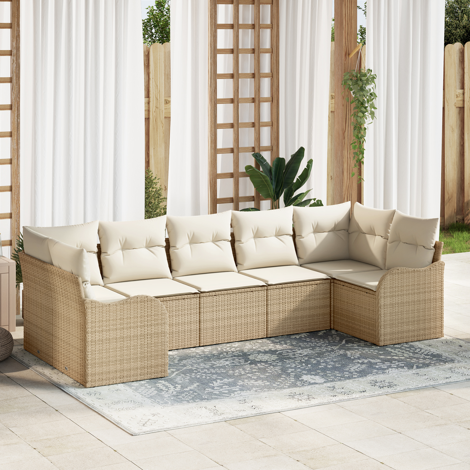 Set divano da giardino 7 pezzi con cuscini in polyrattan beige