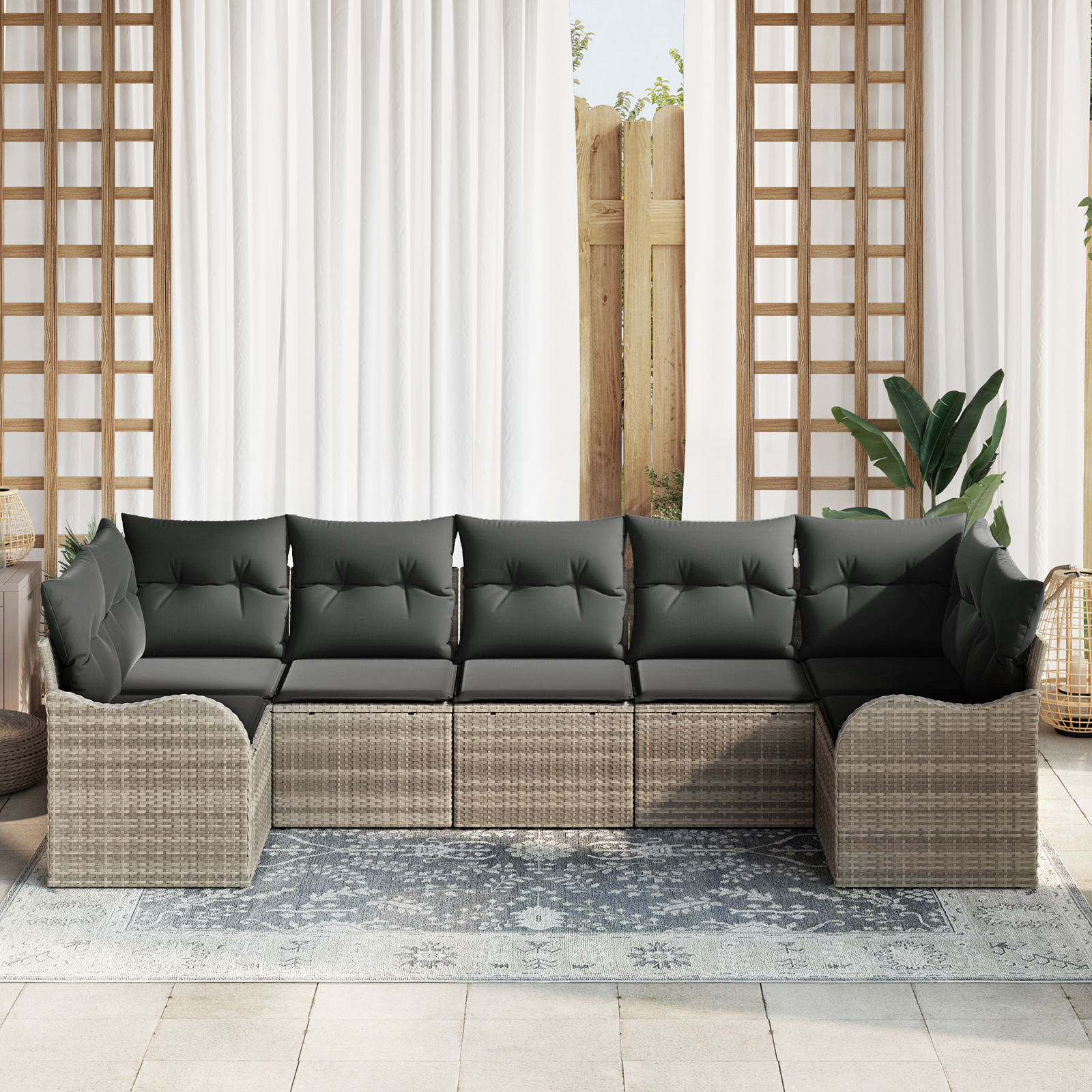 Set di divani giardino 7 pezzi con cuscini grigio chiaro in polyrattan