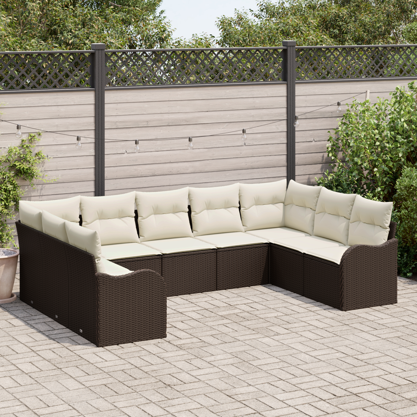 Set di divani da giardino  9 pezzi con cuscini Marrone Rattan Poliestere