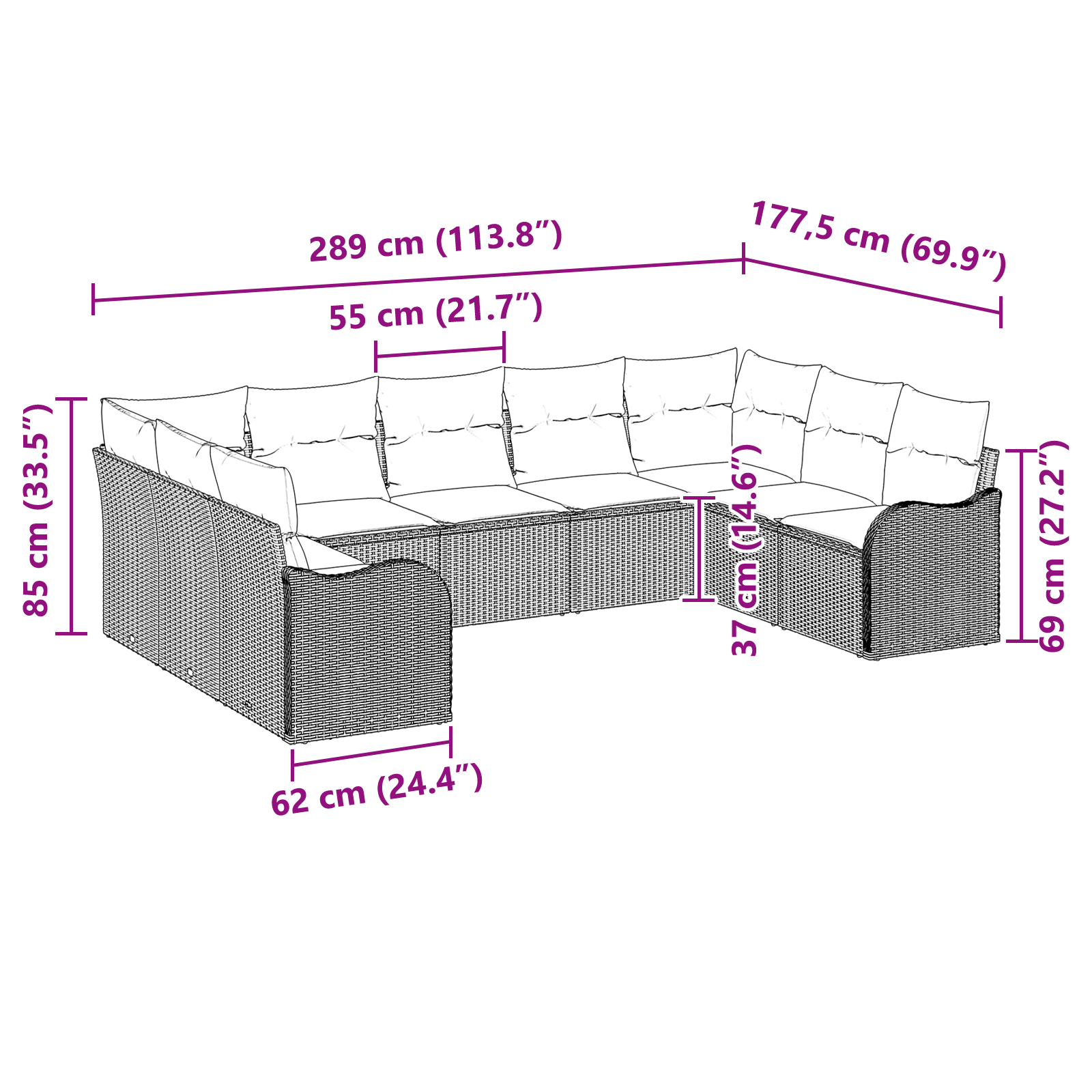 Set di Divani da Giardino da 9 Pezzi con Cuscini Beige in Rattan Polietilene