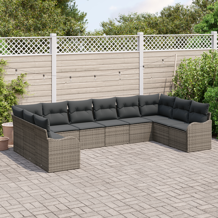 Set Divano da Giardino da 10 Pezzi con Cuscini Grigio Polyrattan