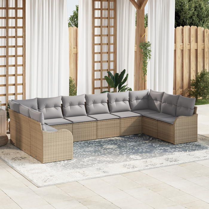 Set da Giardino di 10 Pezzi con Cuscini Beige in Rattan Sintetico