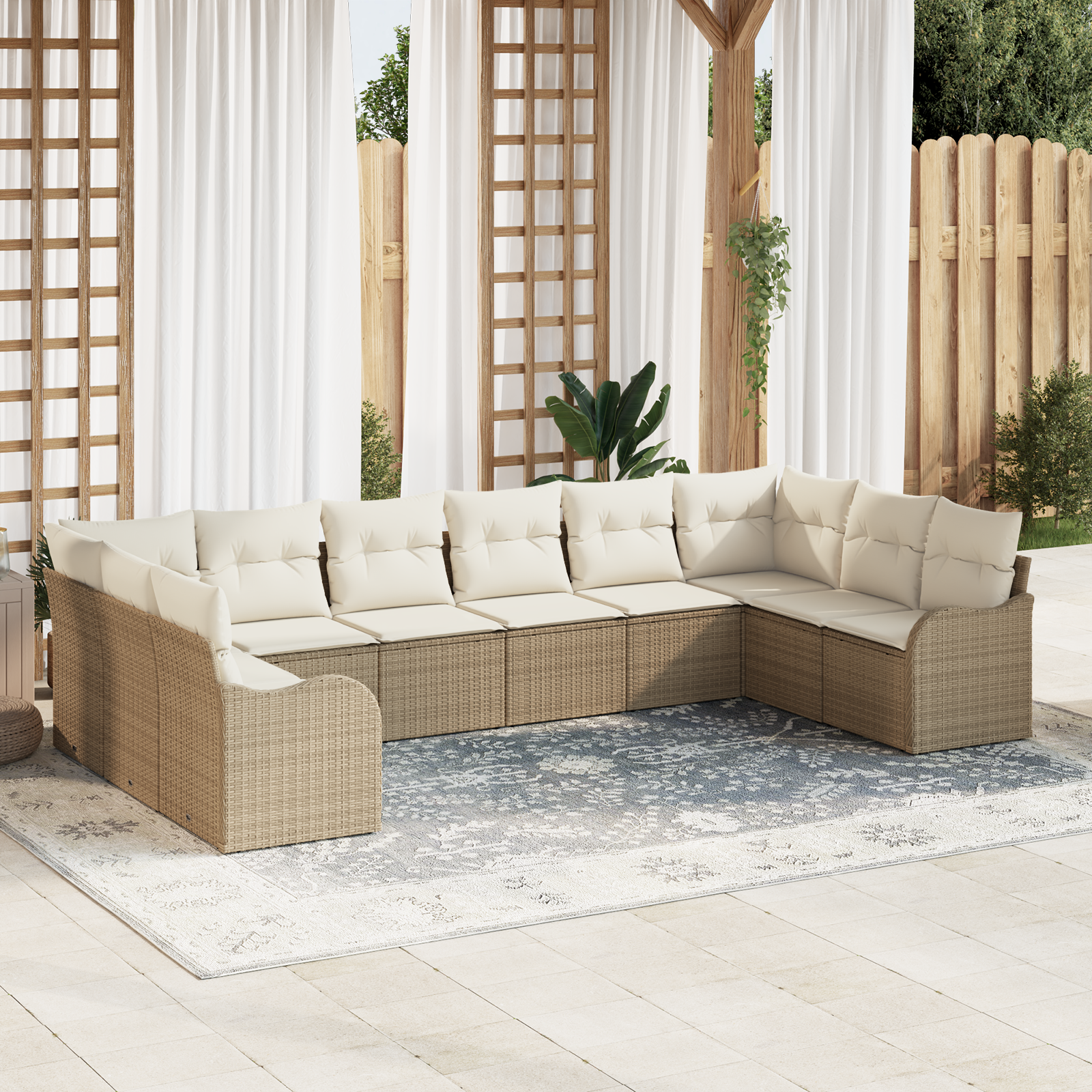 Set Divano da Giardino 10 Pezzi con Cuscini Beige Polyrattan