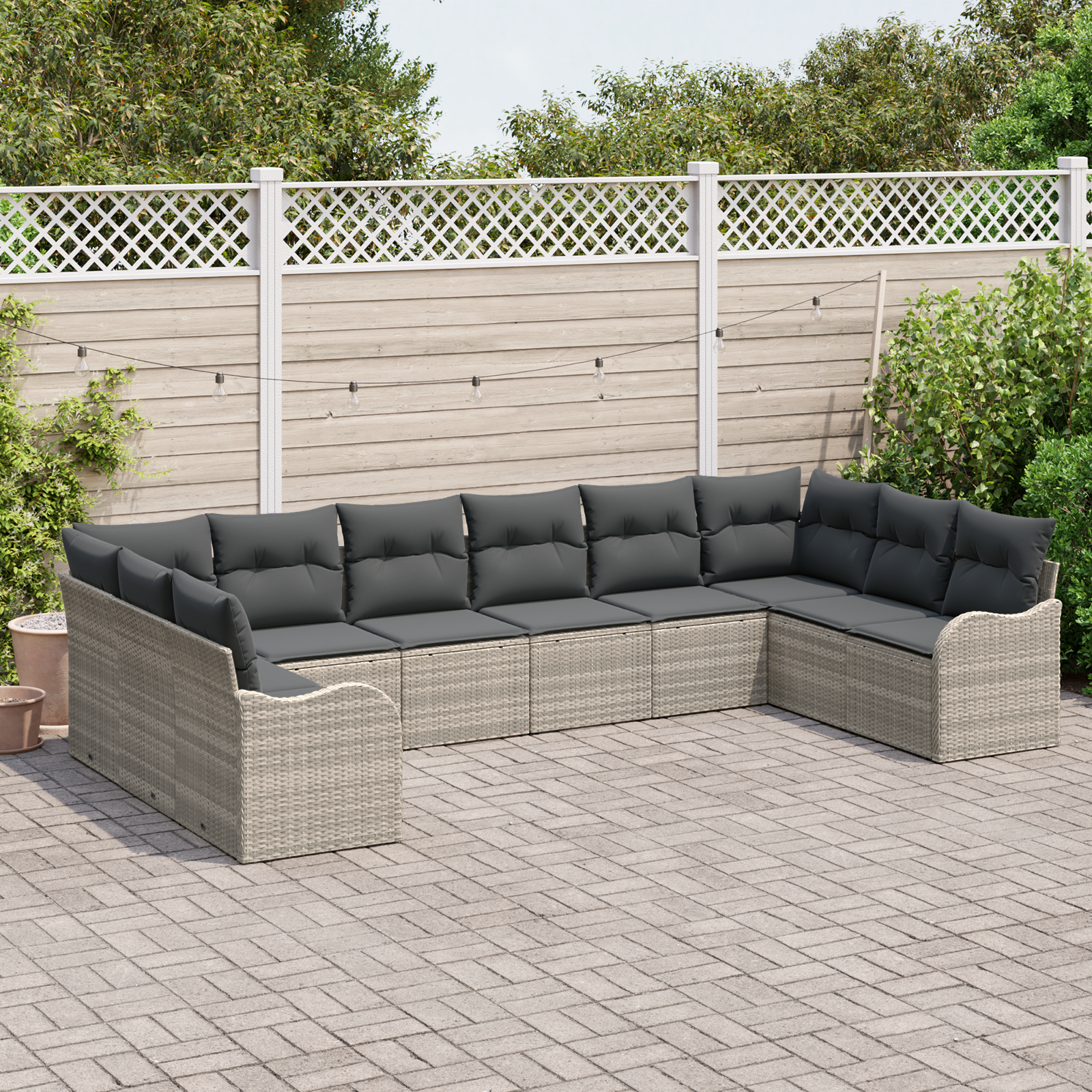 Set di divani da giardino  10 pezzi con cuscini grigio chiaro in polyrattan