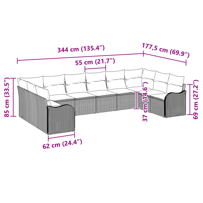Set di divani da giardino  10 pezzi con cuscini grigio chiaro in polyrattan