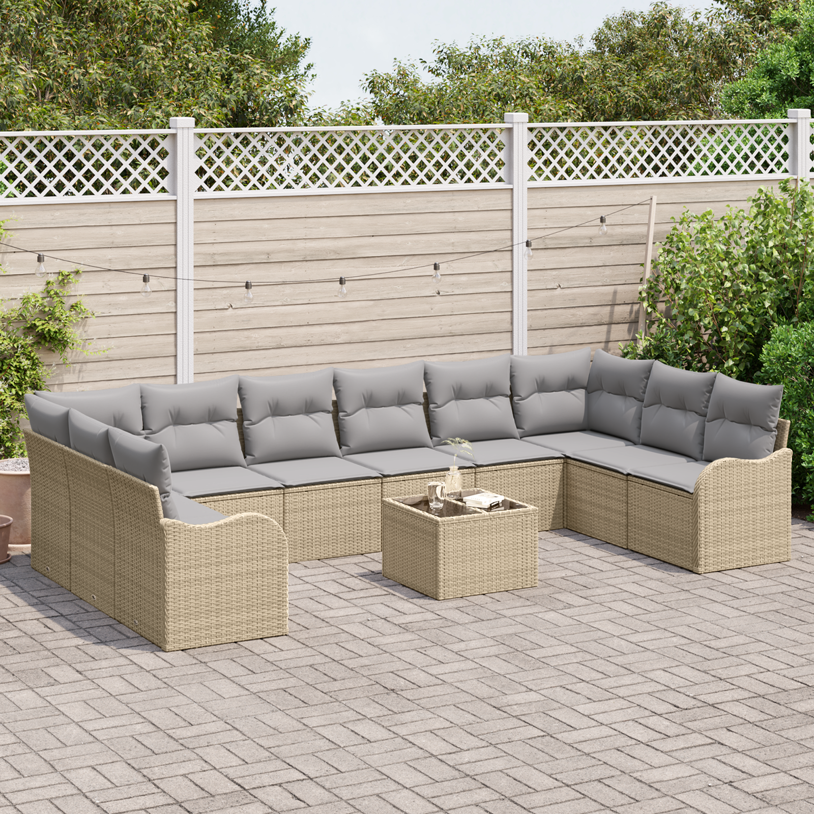 Set Divano da Giardino 11 Pezzi con Cuscini Nero Polyrattan