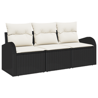 Set divano da giardino 3 pezzi con cuscini rattan nero