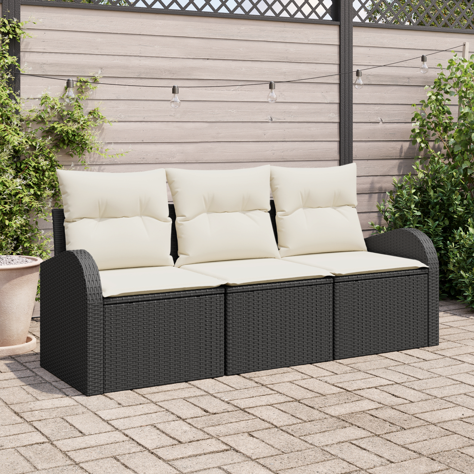 Set divano da giardino 3 pezzi con cuscini rattan nero