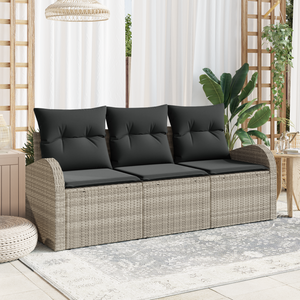 Set di Divani da Giardino a 3 pezzi con Cuscini Grigio Chiaro in Rattan