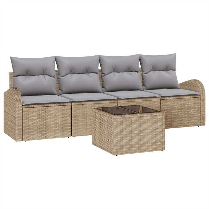 Set di Divani da Giardino da 5 Pezzi con Cuscini Beige in Polirattan