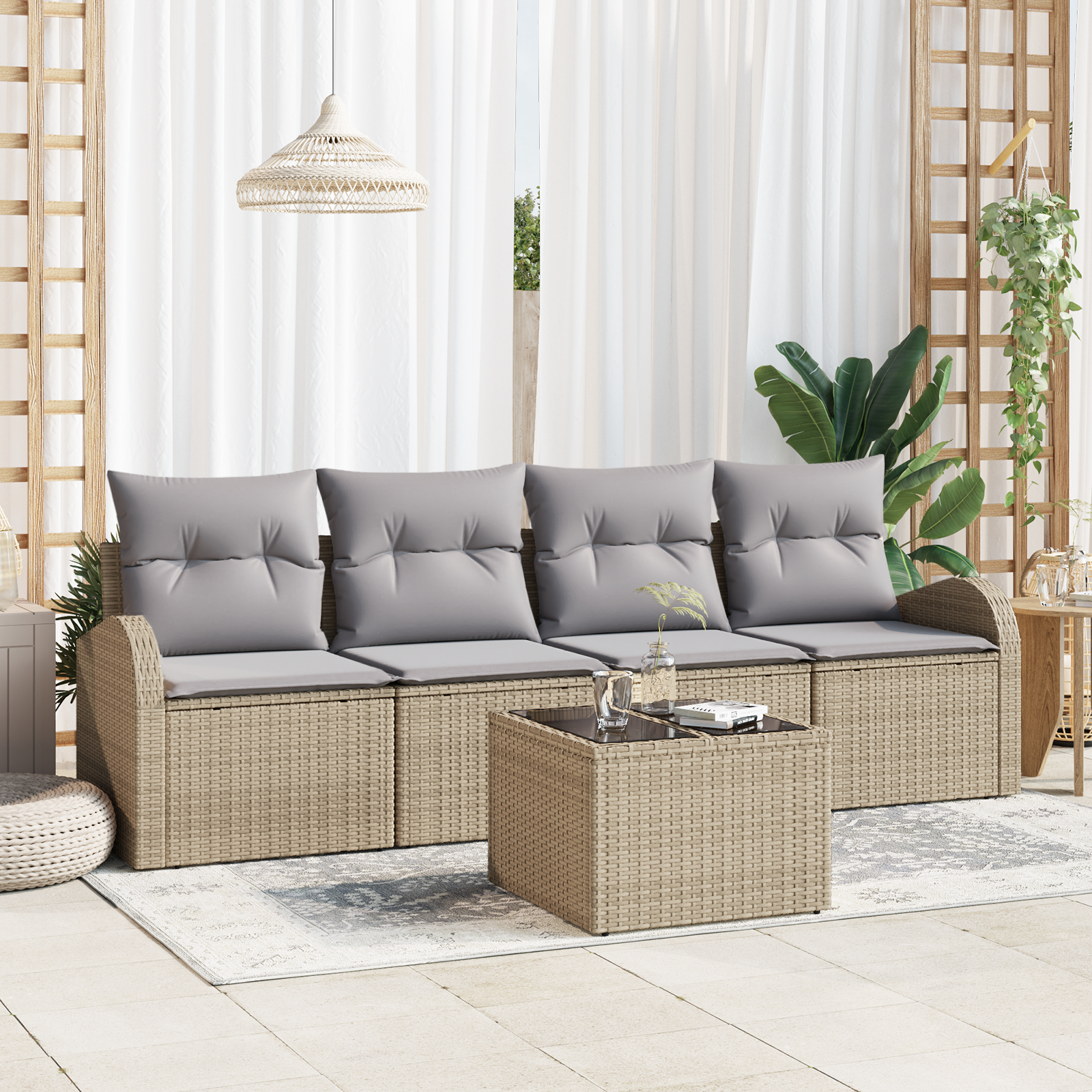 Set di Divani da Giardino da 5 Pezzi con Cuscini Beige in Polirattan