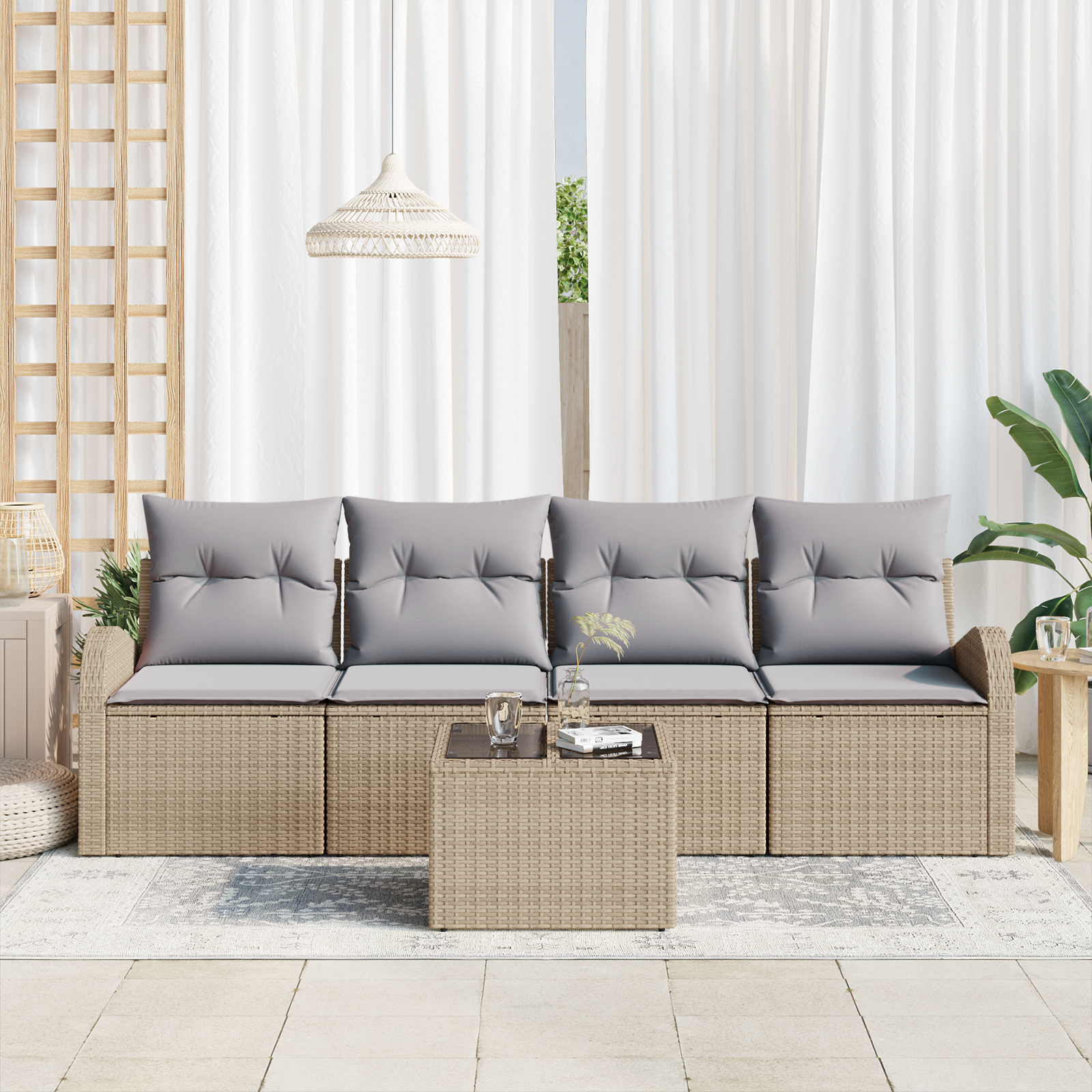 Set di Divani da Giardino da 5 Pezzi con Cuscini Beige in Polirattan