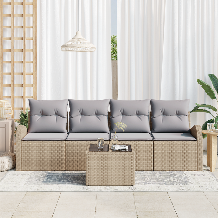 Set di Divani da Giardino da 5 Pezzi con Cuscini Beige in Polirattan