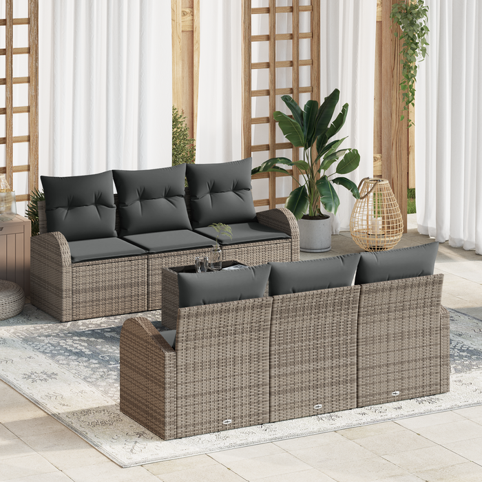 Set Divano da Giardino 7 Pezzi con Cuscini Rattan Poliestere Grigio