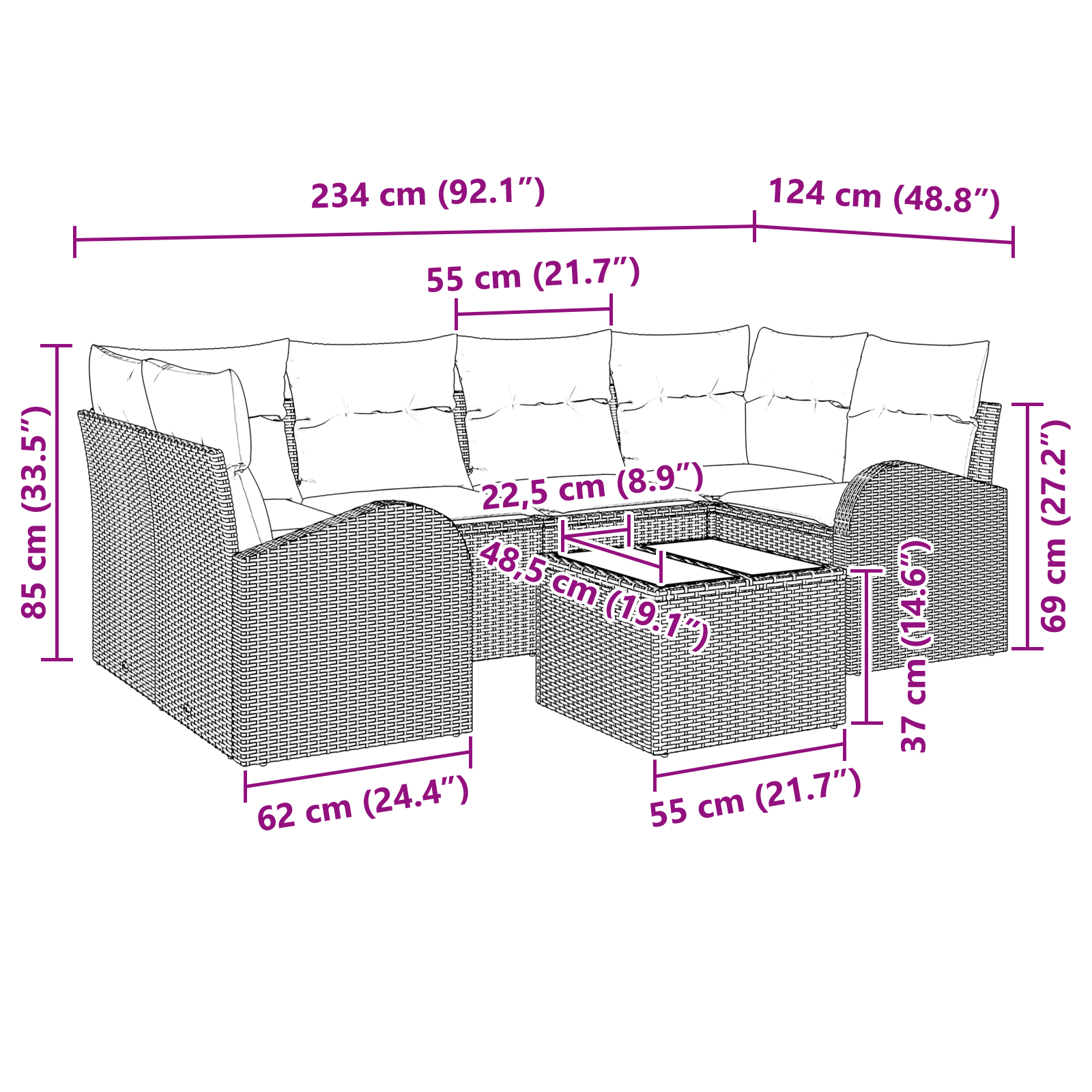 Set Divano da Giardino 7 Pezzi con Cuscini Marrone Polirattan