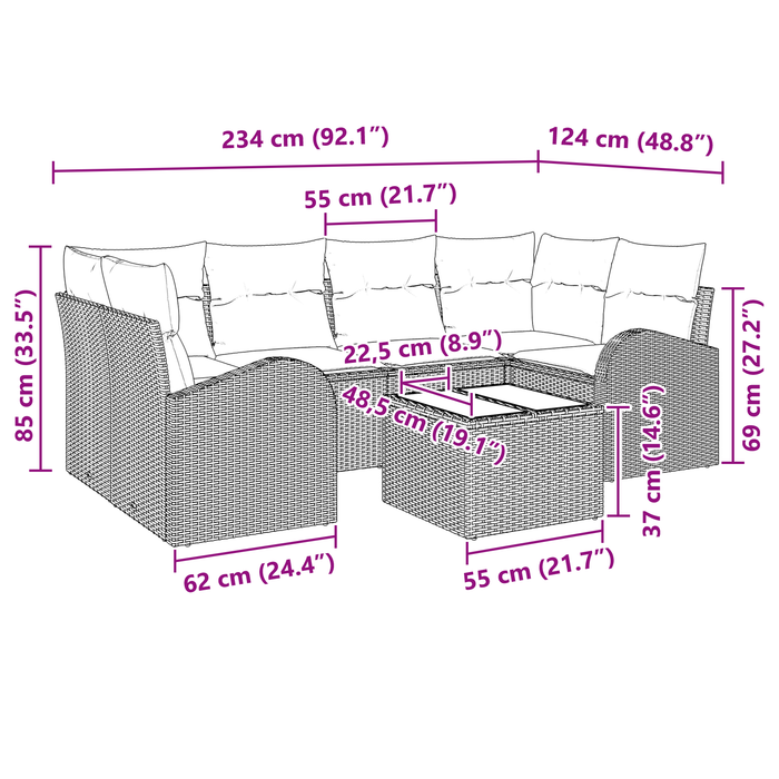 Set Divano da Giardino 7 Pezzi con Cuscini Marrone Polirattan