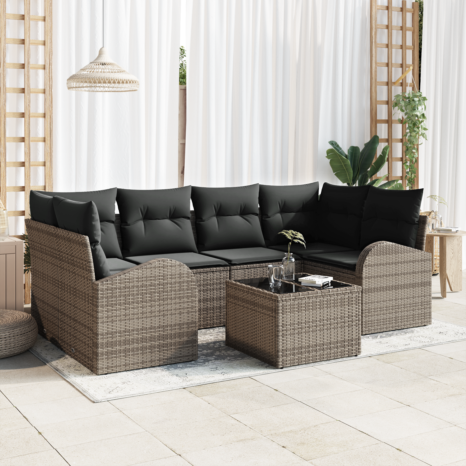 Set di 7 Pezzi di Divani da Giardino con Cuscini Grigio in Polyrattan