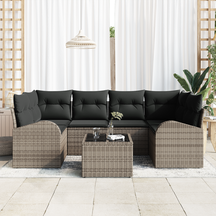 Set di 7 Pezzi di Divani da Giardino con Cuscini Grigio in Polyrattan