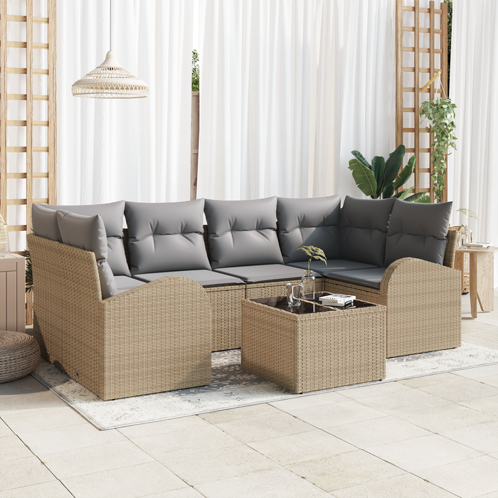 Set Divano da Giardino di 7 Pezzi con Cuscini Beige in Rattan Poliestere