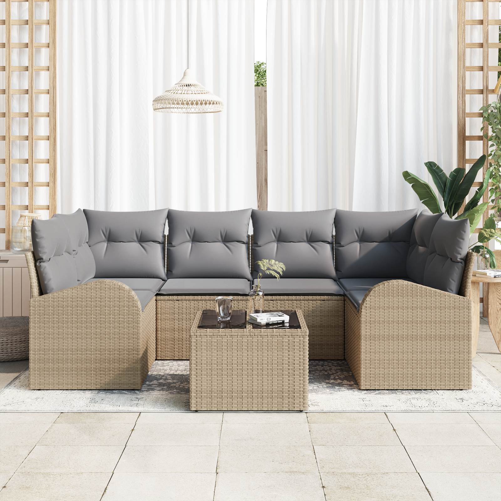 Set Divano da Giardino di 7 Pezzi con Cuscini Beige in Rattan Poliestere