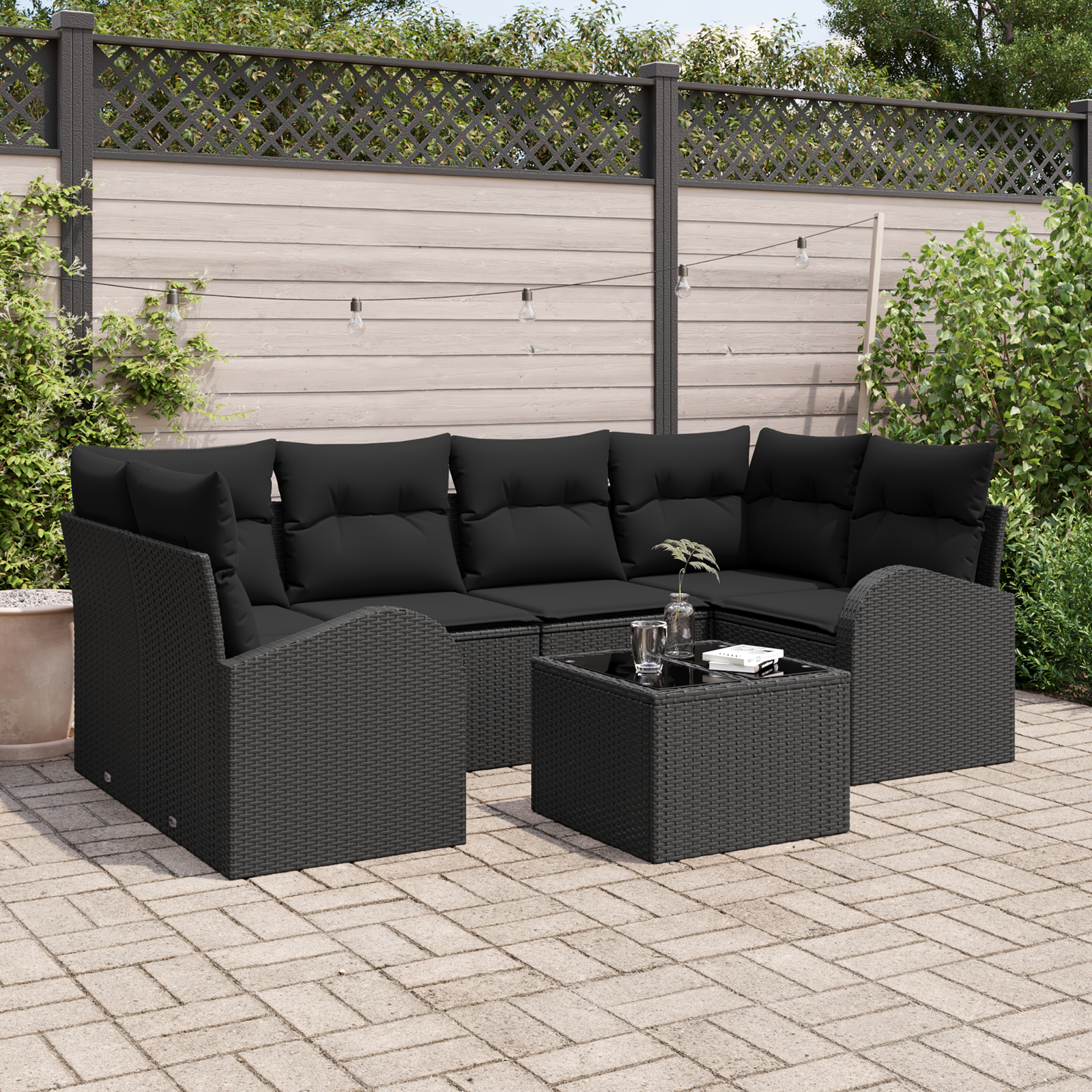 Set Divano da Giardino 7 Pezzi con Cuscini Nero Polyrattan
