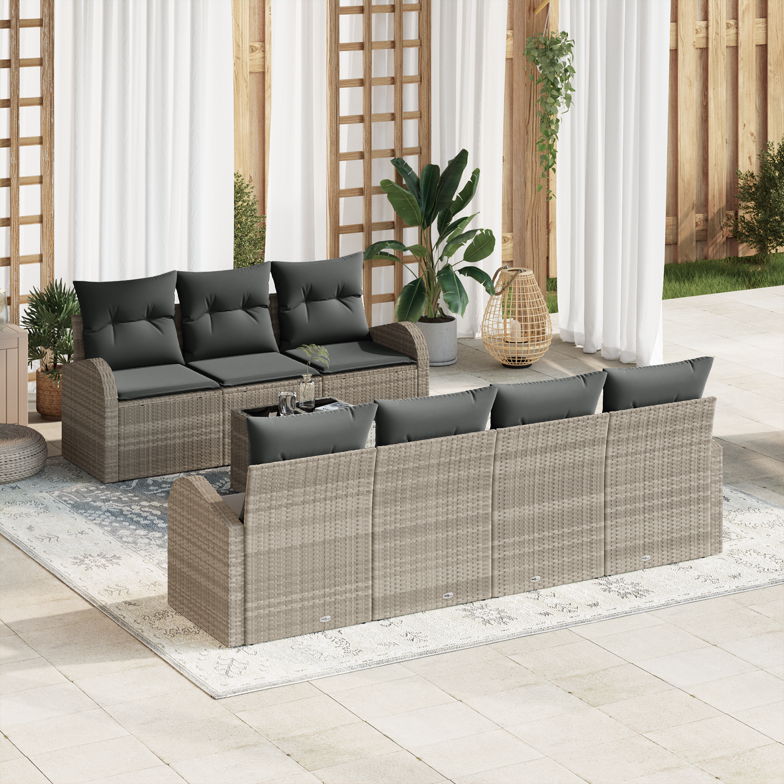 Set divani giardino 8 pezzi con cuscini grigio chiaro in polyrattan