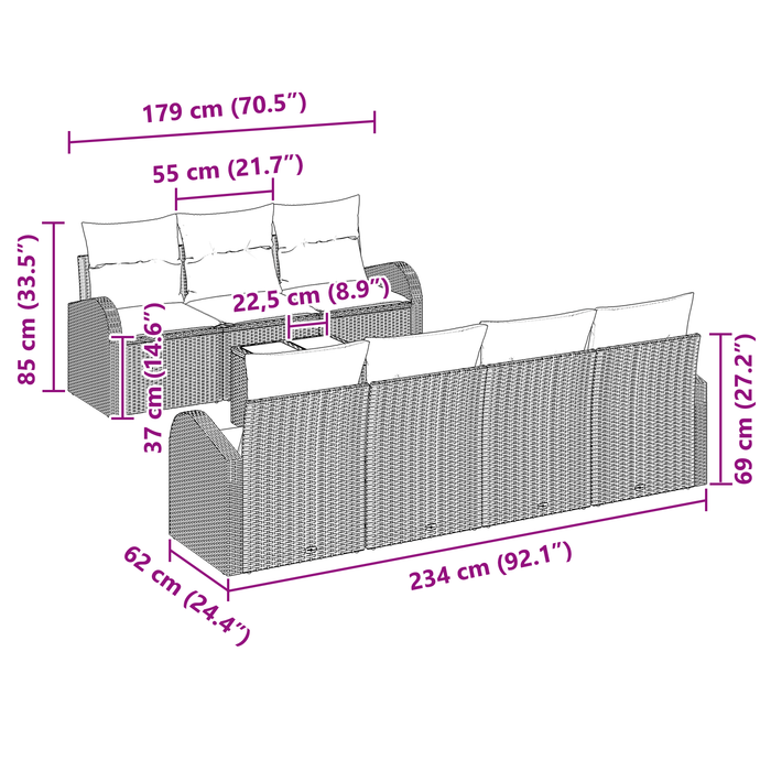 Set divani giardino 8 pezzi con cuscini grigio chiaro in polyrattan