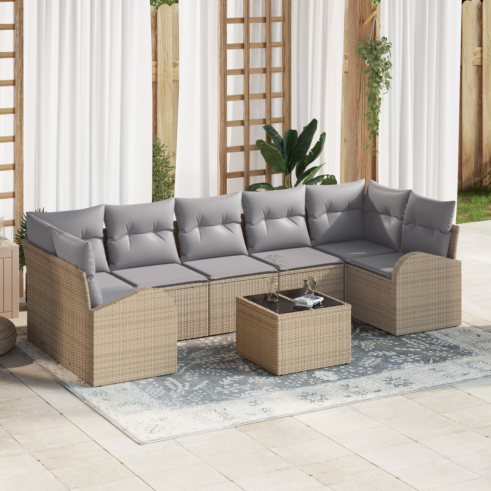 Set di Divani da Giardino 8 Pezzi con Cuscini Beige in Polyrattan