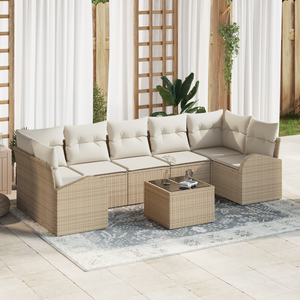 Set Divano da Giardino 8 Pezzi con Cuscini Beige Poly Rattan