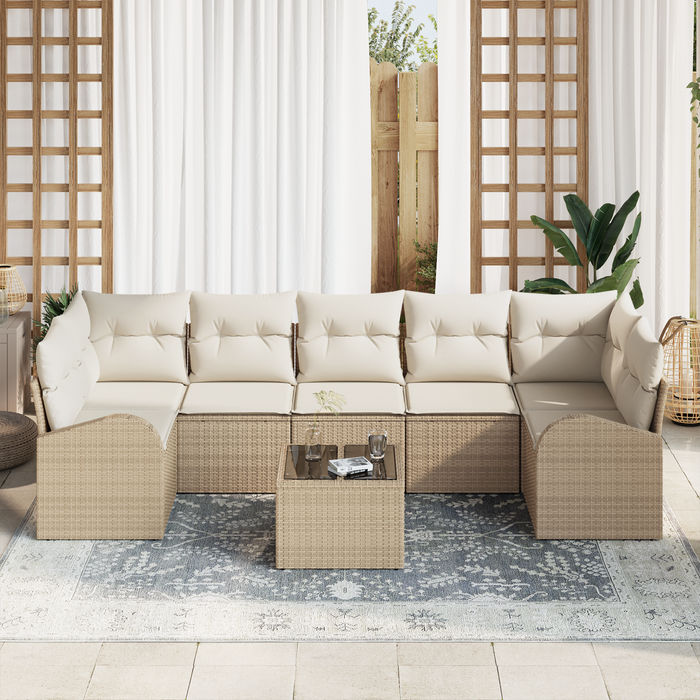 Set Divano da Giardino 8 Pezzi con Cuscini Beige Poly Rattan