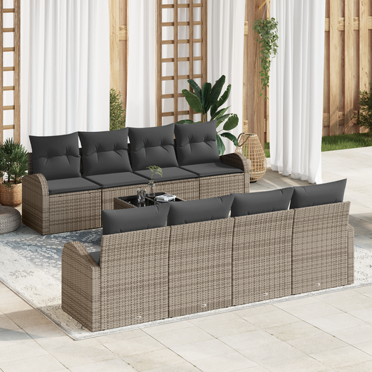 Set di Divani da Giardino 9 Pezzi con Cuscini Grigi in Rattan Sintetico