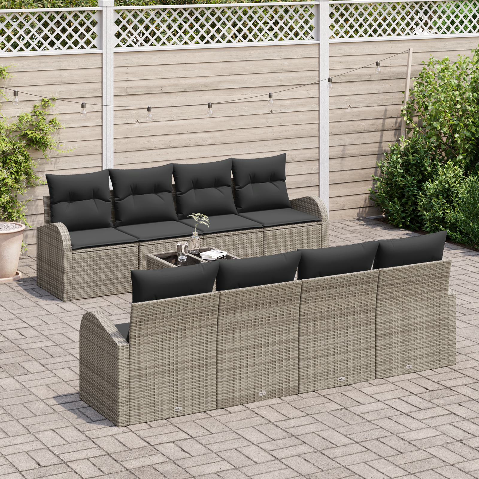 Set di Divani da Giardino 9 Pezzi con Cuscini Grigi in Rattan Sintetico