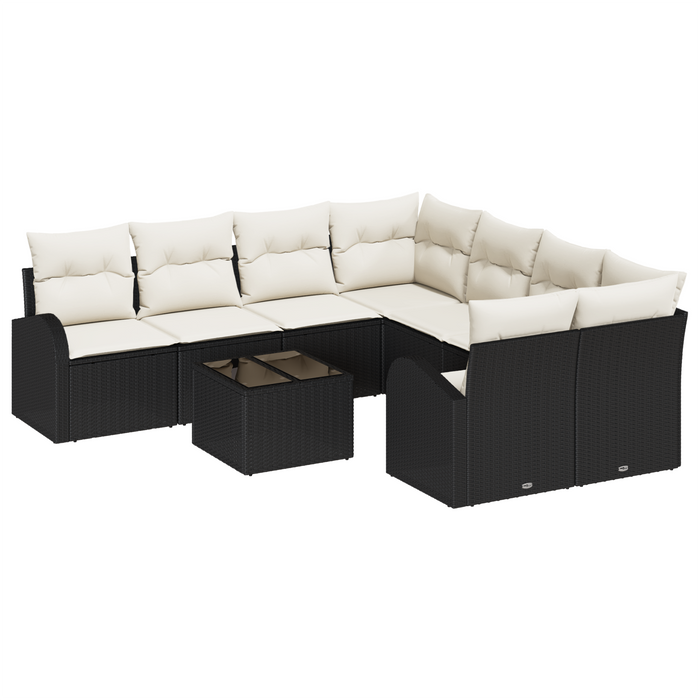 Set Divano da Giardino a 9 Pezzi con Cuscini Rattan Nero Polyrattan