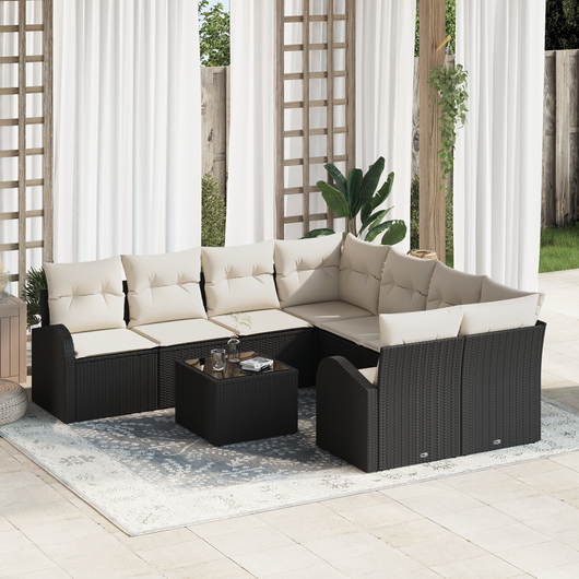 Set Divano da Giardino a 9 Pezzi con Cuscini Rattan Nero Polyrattan