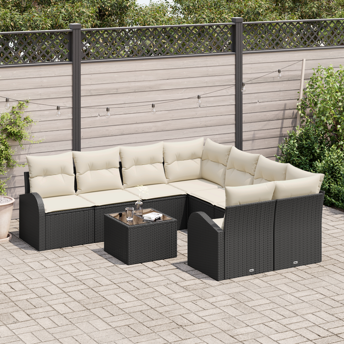 Set Divano da Giardino a 9 Pezzi con Cuscini Rattan Nero Polyrattan