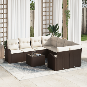 Set di divano da giardino in 9 pezzi con cuscini in rattan sintetico marrone