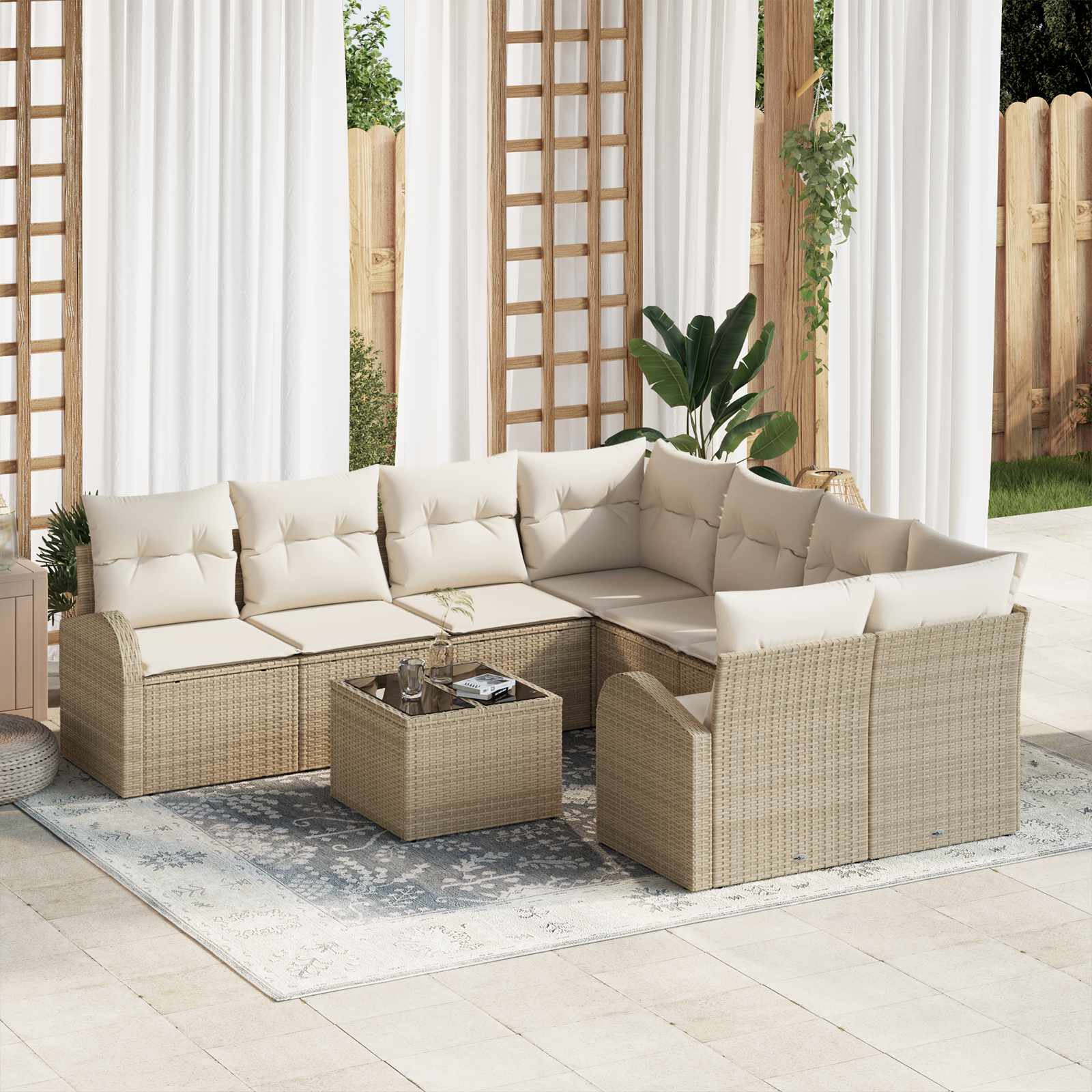 Set di divano da giardino da 9 pezzi con cuscini Beige Polyrattan