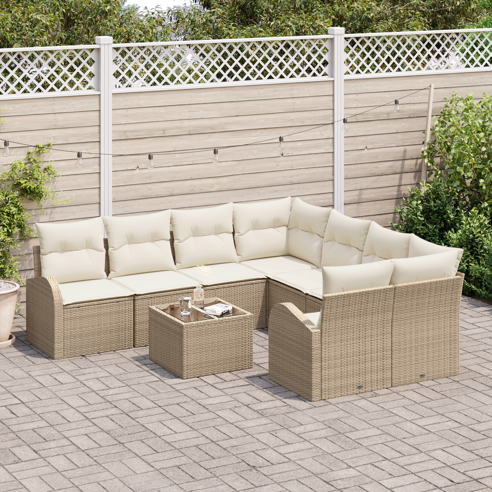 Set di divano da giardino da 9 pezzi con cuscini Beige Polyrattan