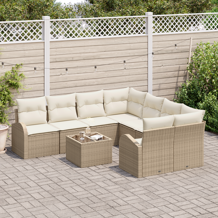 Set di divano da giardino da 9 pezzi con cuscini Beige Polyrattan