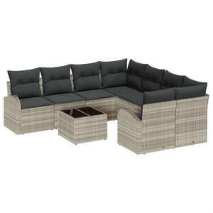 Set di divani da giardino da 9 pezzi con cuscini grigio chiaro in polyrattan