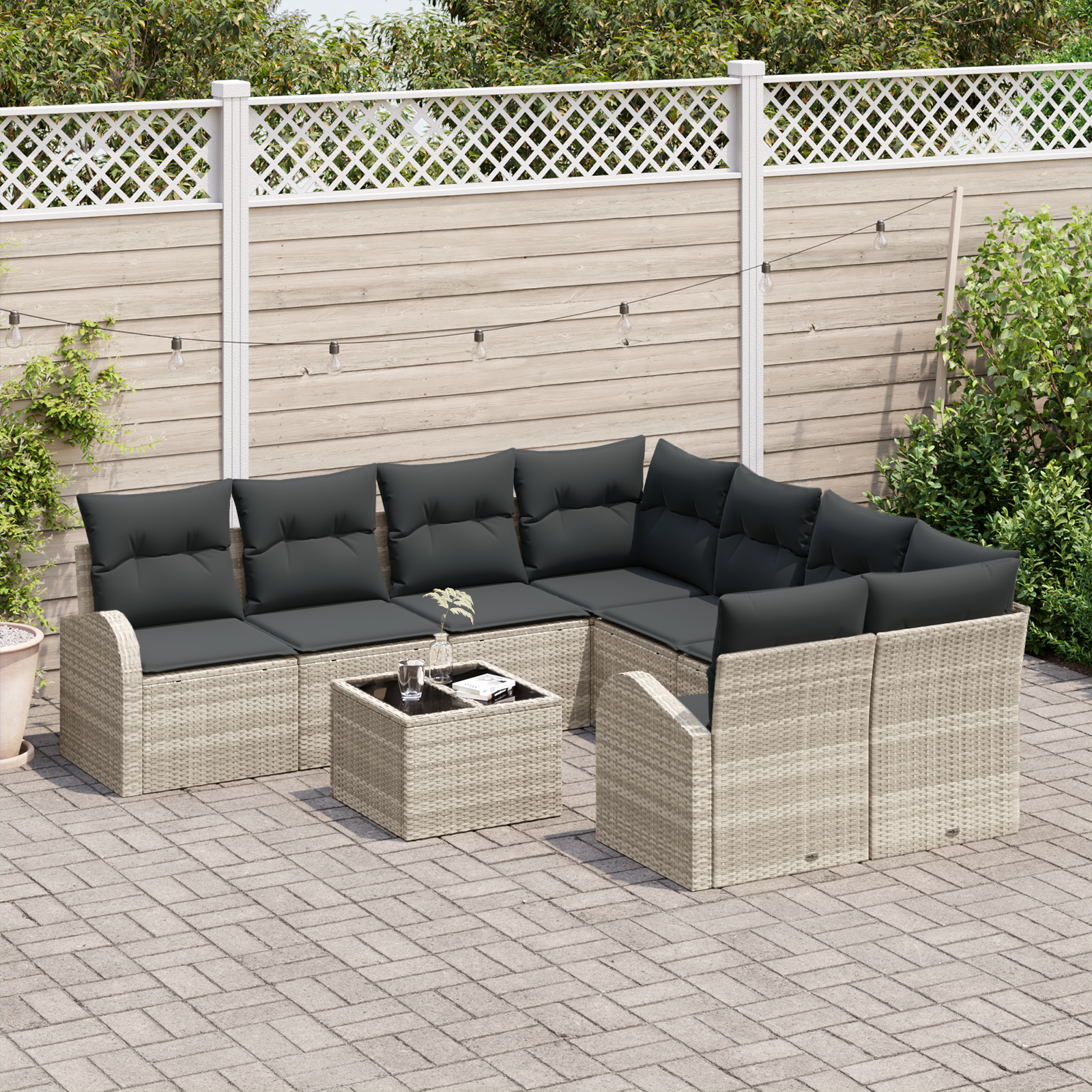 Set di divani da giardino da 9 pezzi con cuscini grigio chiaro in polyrattan
