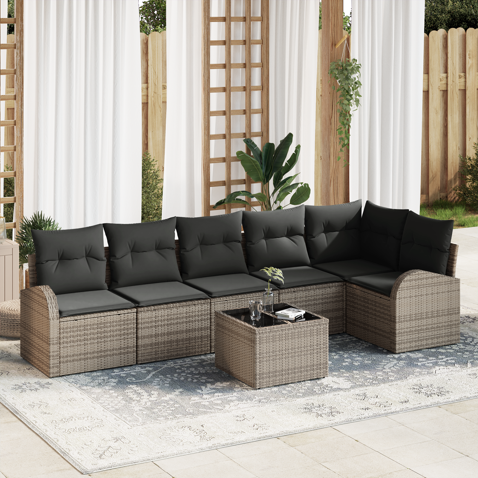 Set di Divano da Giardino a 6 Pezzi con Cuscini Rattan Poliestere Nero