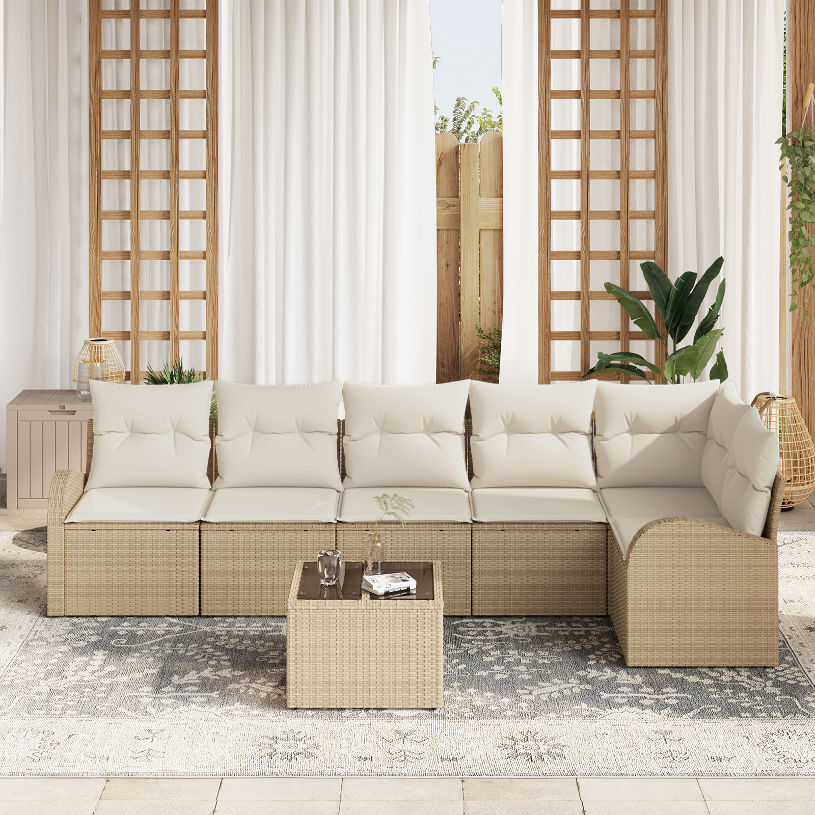 Set di divani da giardino da 7 pezzi con cuscini in Polyrattan marrone