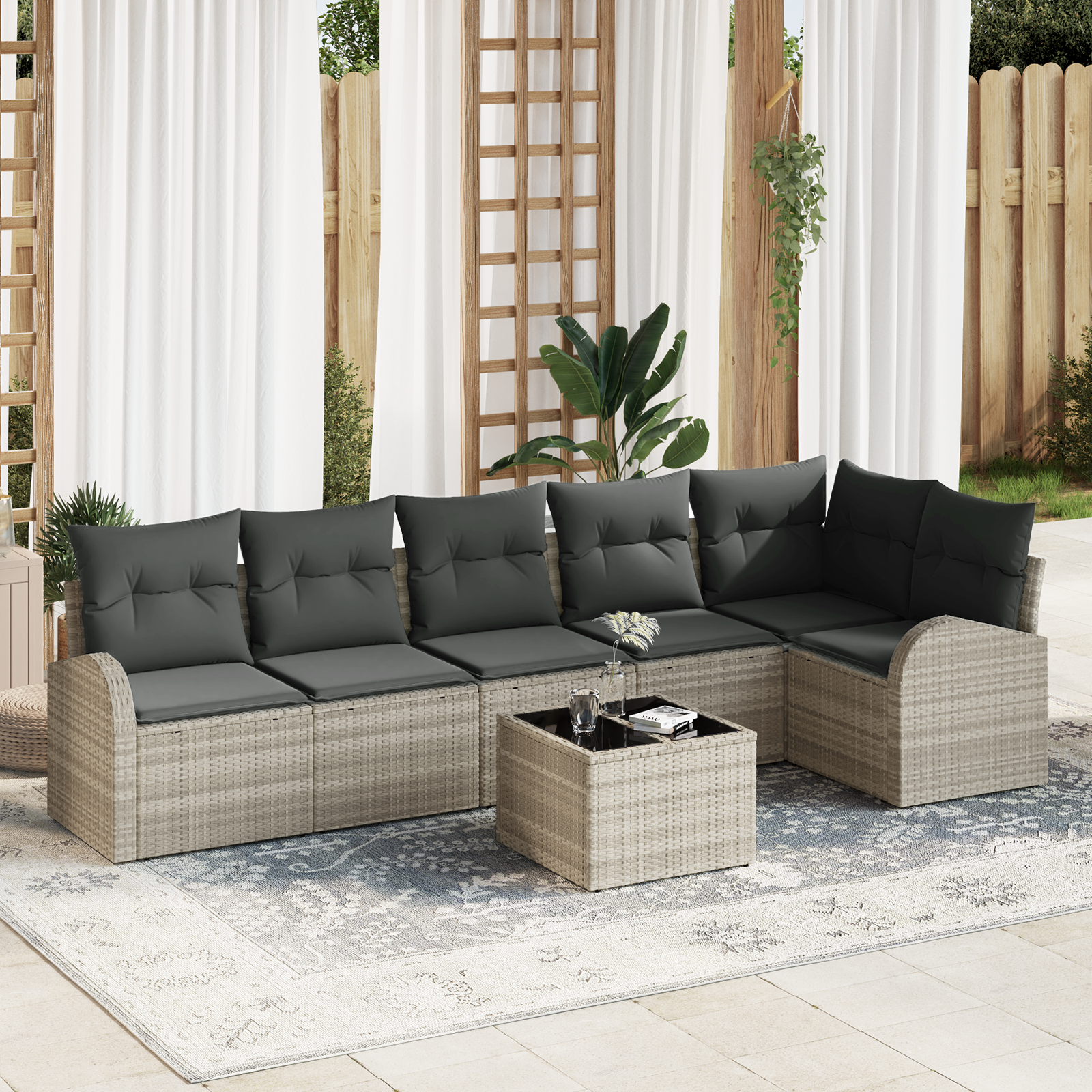 Set Divano da Giardino da 7 Pezzi con Cuscini Grigio in Polyrattan