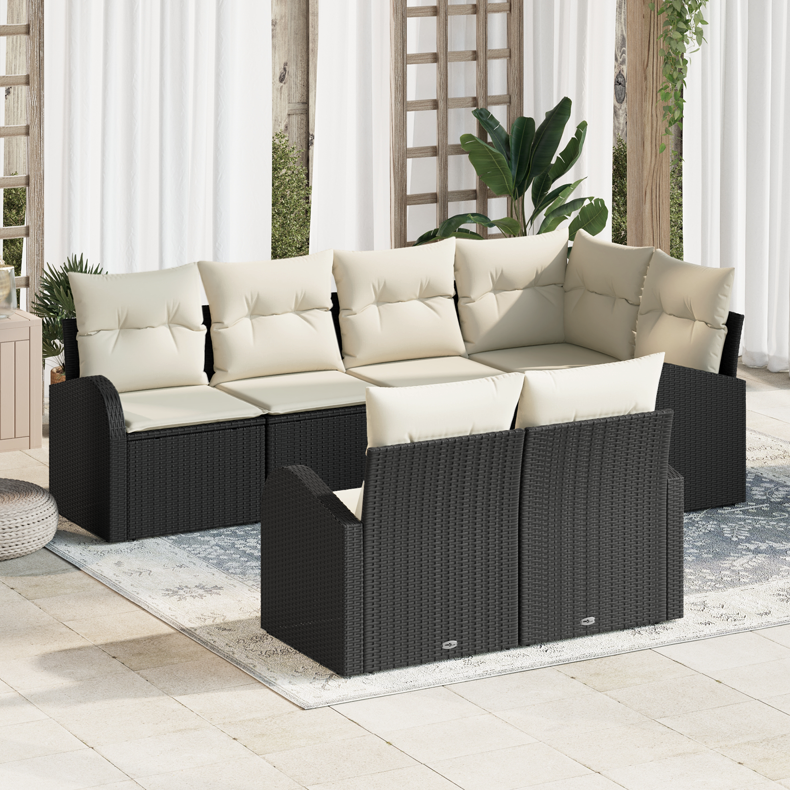 Set Divano da Giardino con Cuscini Polyrattan Nero