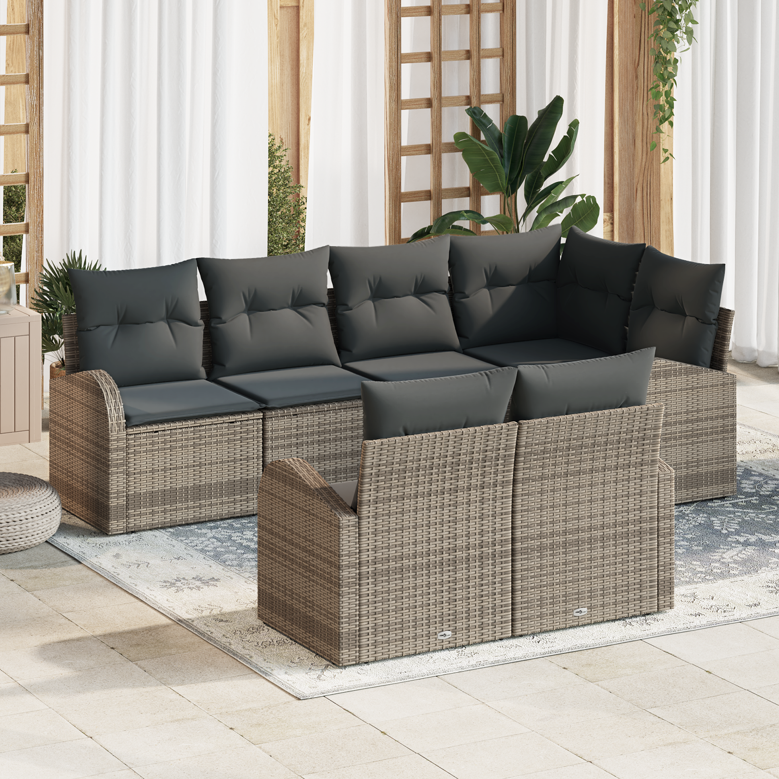 Set Divano da Giardino da 7 pezzi con cuscini in Rattan Grigio