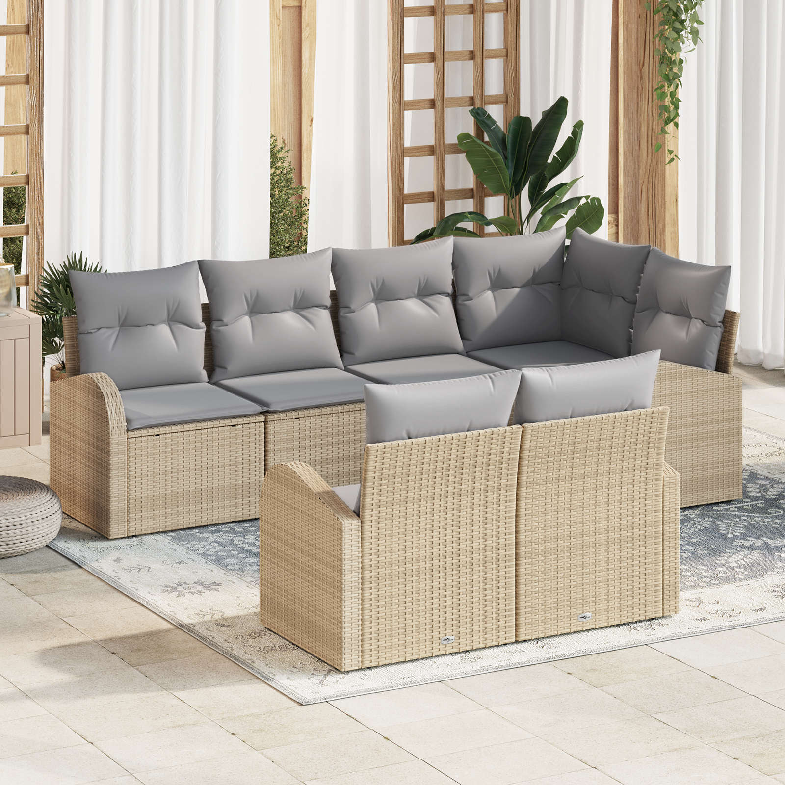 Set divano da giardino da 7 pezzi con cuscini in poli rattan beige