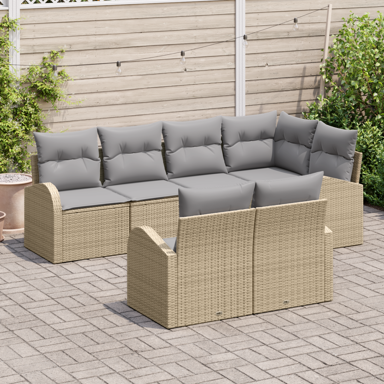 Set divano da giardino da 7 pezzi con cuscini in poli rattan beige