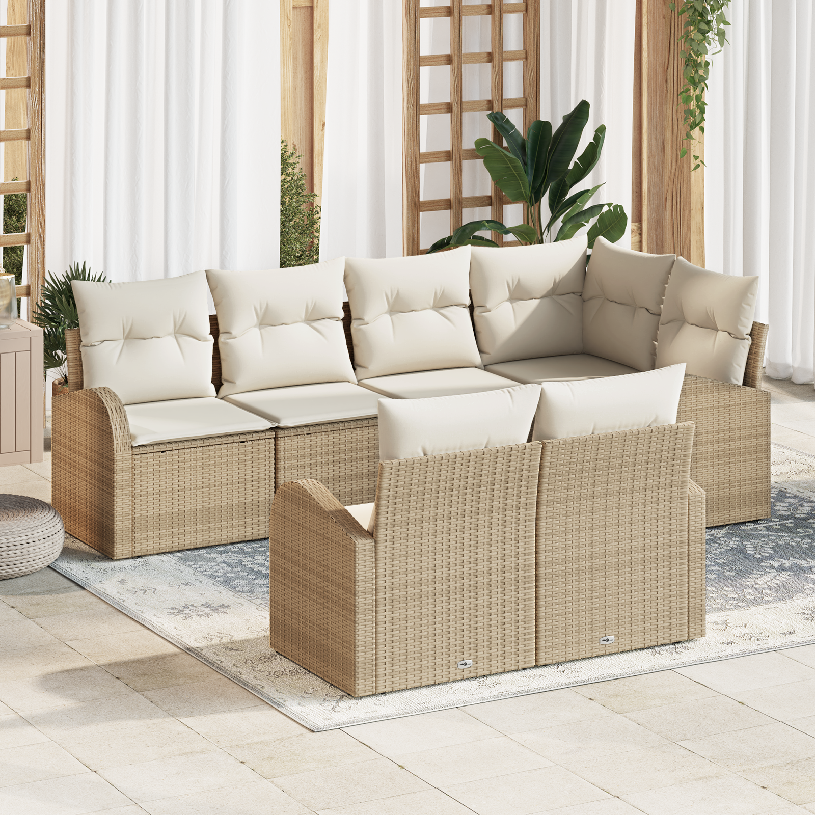 Set di divani da giardino 7 Pezzi con cuscini Beige Polyrattan
