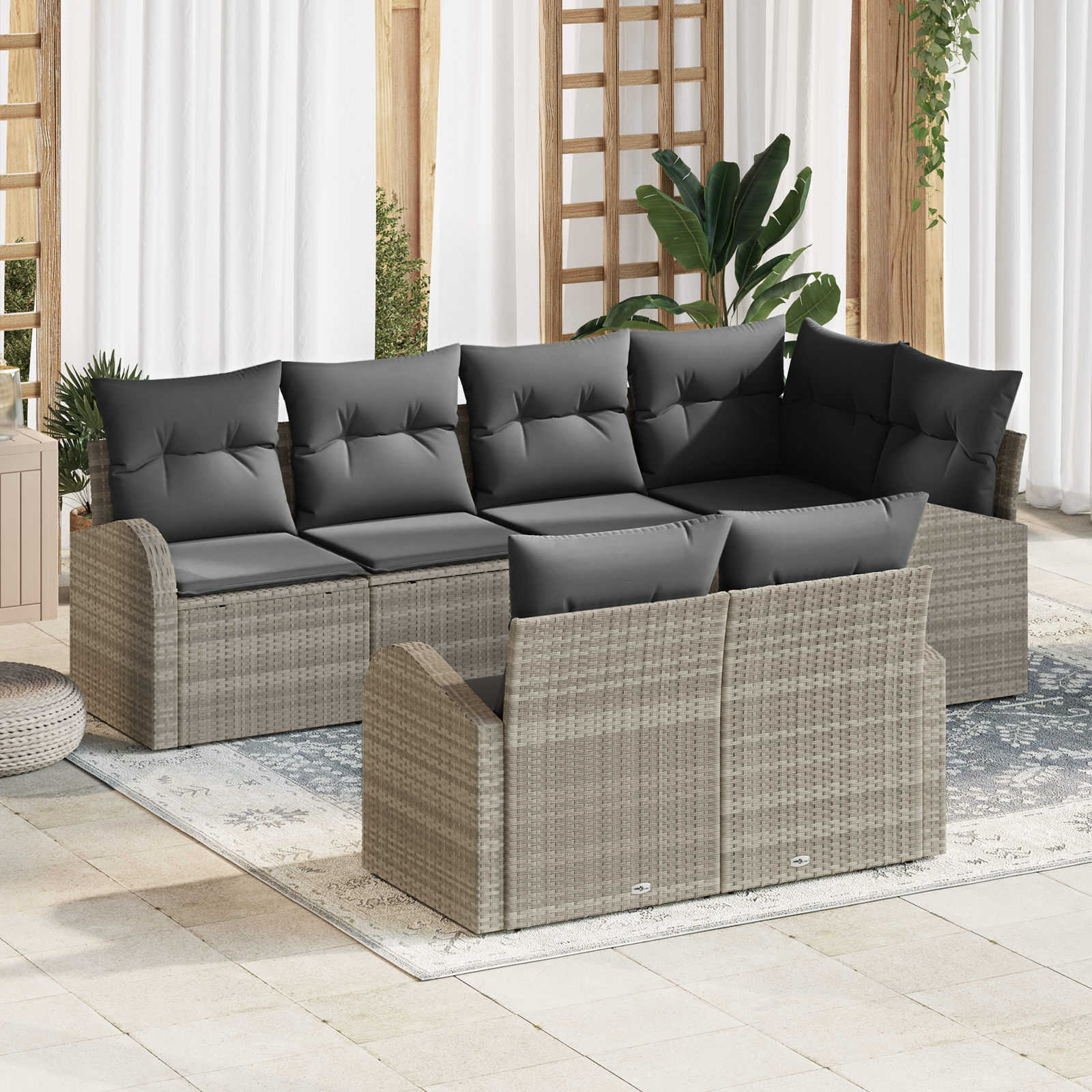 Set di divani da giardino 7 pezzi con cuscini grigio chiaro in polyrattan